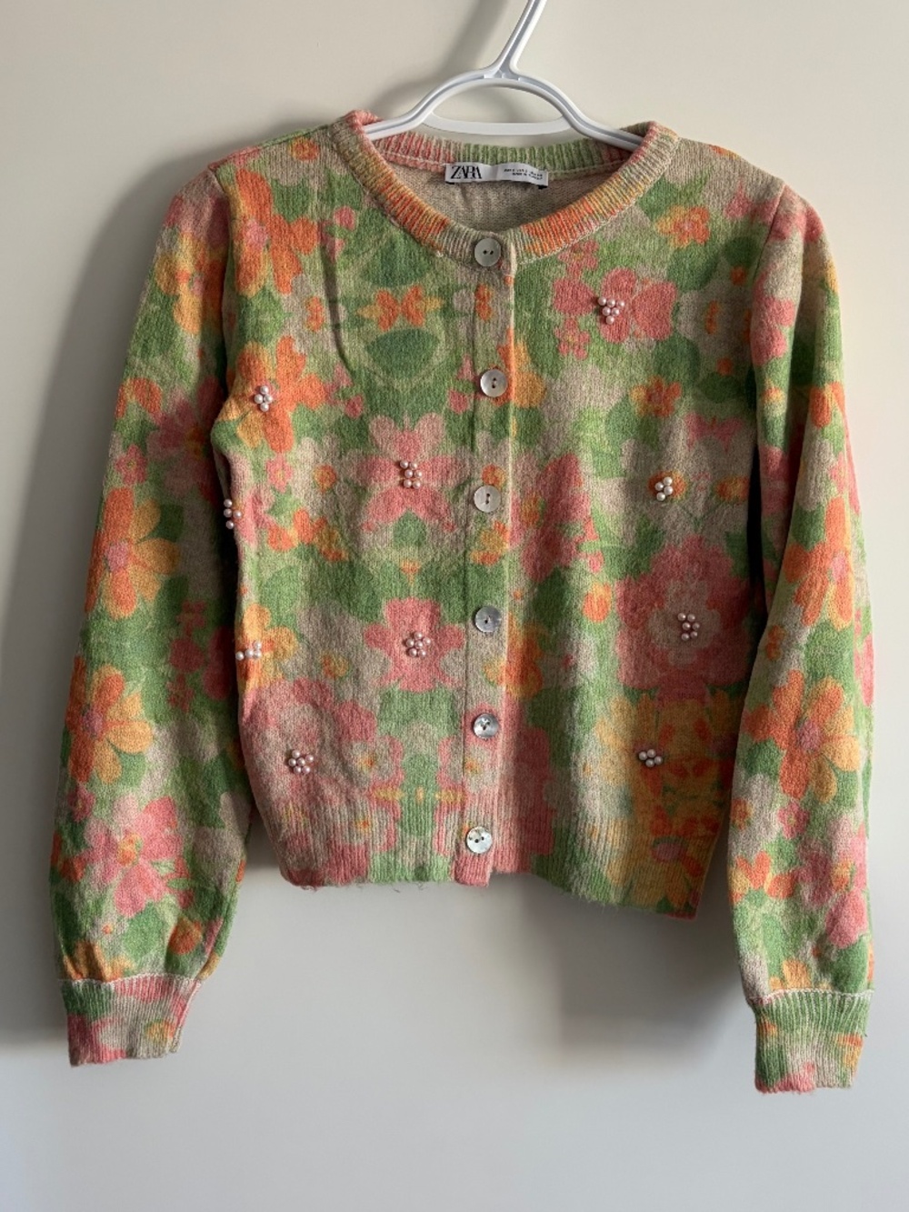 EUC Zara Women’s Pearl-Trim Floral Jacquard Knit Cardigan Acrylic Size Small